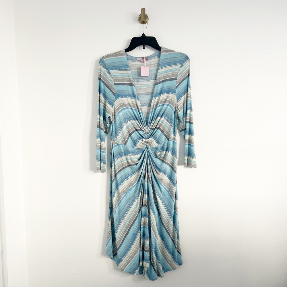 NEW Calypso St. Barth Blue Striped Plunge V Neck Gathered Dress Size Large (L)